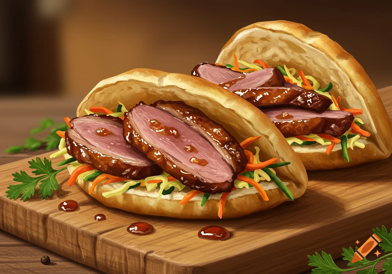 Illustration of two pita sandwiches filled with sliced duck, colorful coleslaw, and sauce, resting on a wooden board.