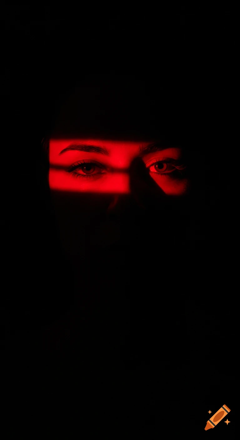Close-up of eyes and nose bridge illuminated by a vivid red horizontal light in a dark, high-contrast portrait.