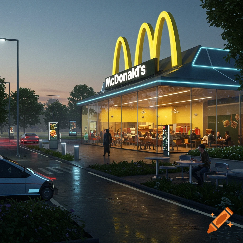 A modern McDonald's restaurant at dusk, with its golden arches glowing and neon blue accents on the building. Cars are on the wet road, and people are dining inside and outside.