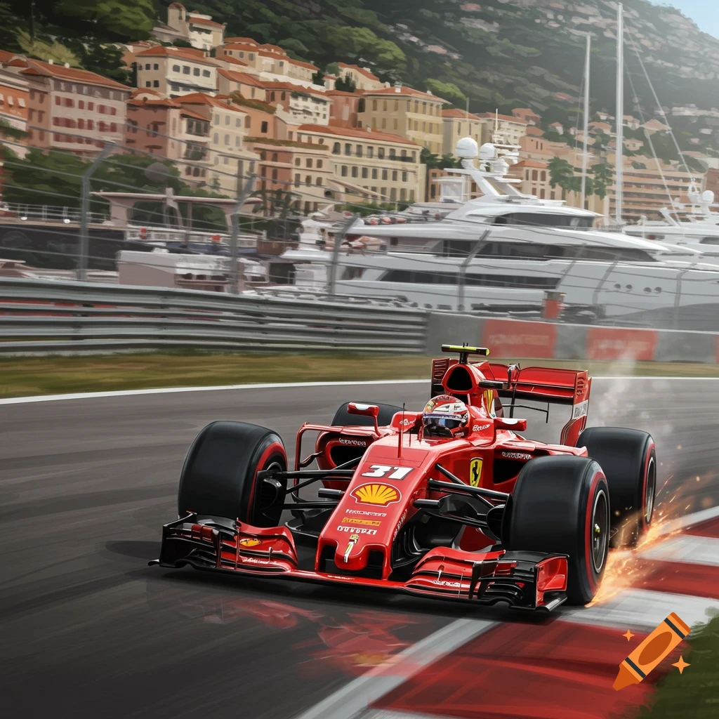 A red Ferrari Formula 1 car races around a bend on the Monaco circuit, with yachts and city buildings in the background under a clear sky. Sparks fly from the car's tires.