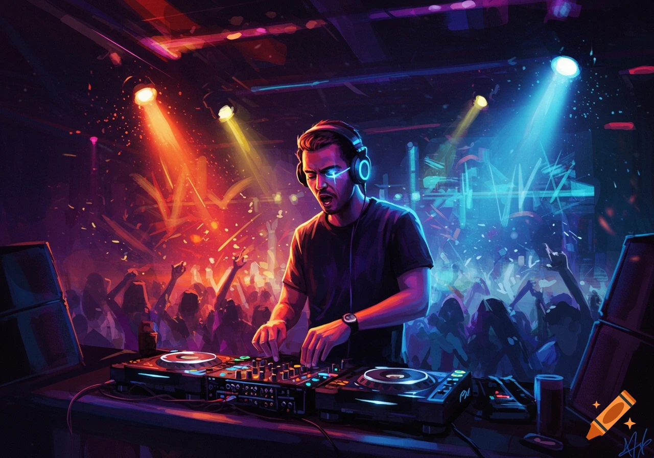 A DJ with glowing headphones plays music on turntables in a neon-lit club with a vibrant, dancing crowd, in a digital art style.