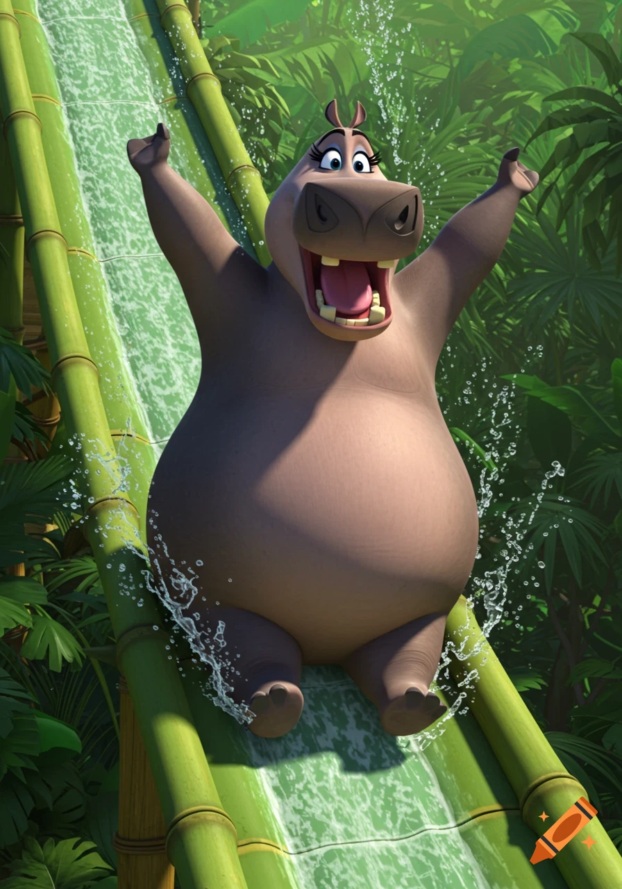 Gloria the hippo sliding down a bamboo waterslide in a tropical jungle, arms raised in excitement, in a 3D animated style.