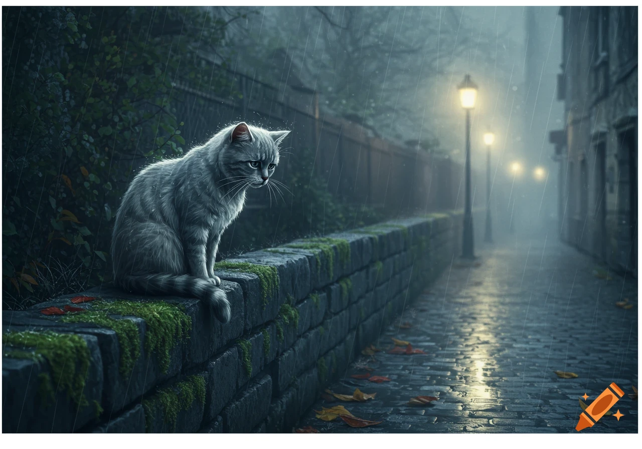 A sad-looking grey cat sits on a mossy stone wall on a rainy street with glowing streetlights in the background, photorealistic.
