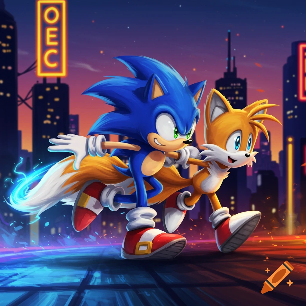Sonic and Tails speed through a futuristic city at night, with neon signs glowing in the background.
