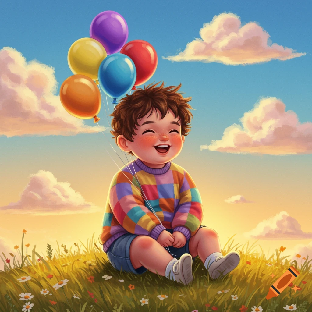 A happy toddler sits in a grassy field, holding a bunch of colorful balloons under a sunny, cloudy sky in an illustration.