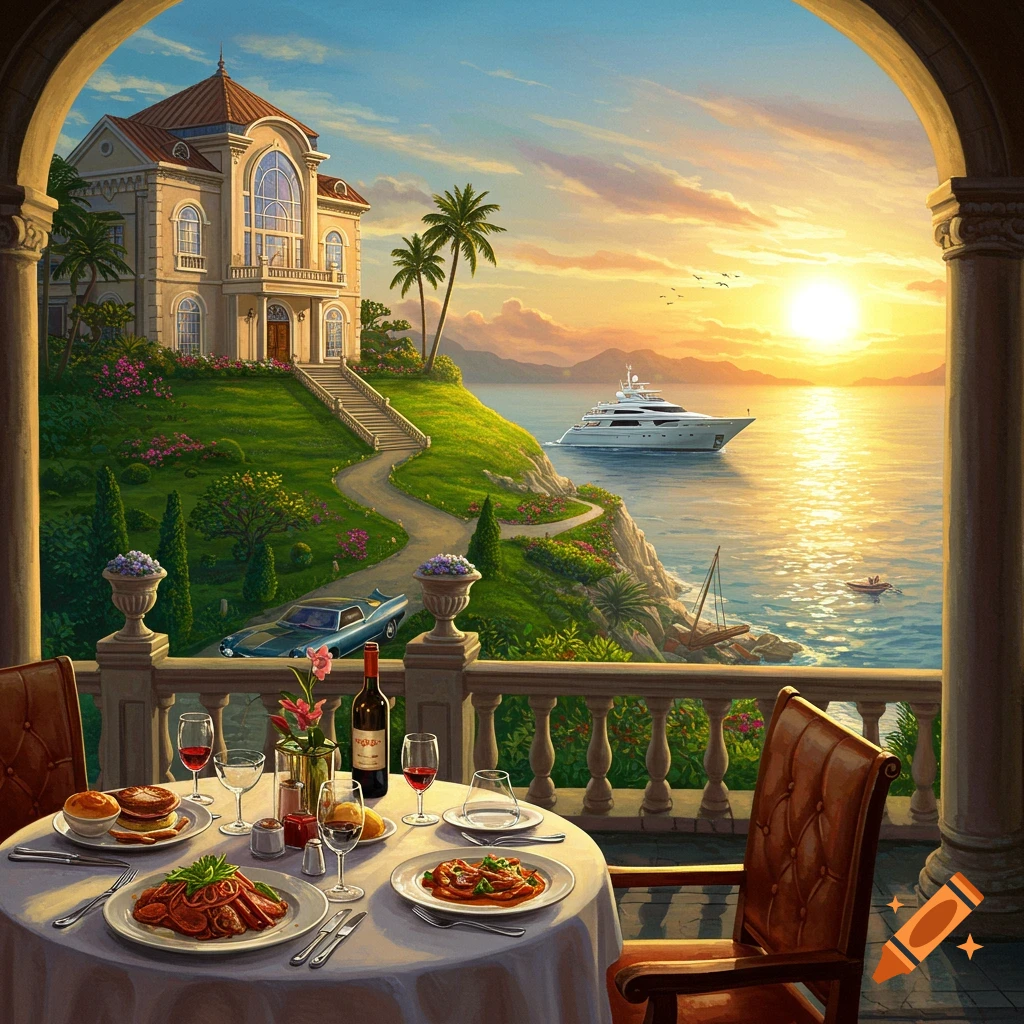 A luxurious seaside mansion and yacht visible from a balcony with a dinner table set at sunset, in a vibrant painterly style.