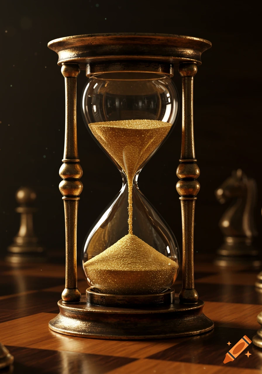 A photorealistic close-up of an ornate, golden hourglass standing on a wooden chessboard, with sand pouring.