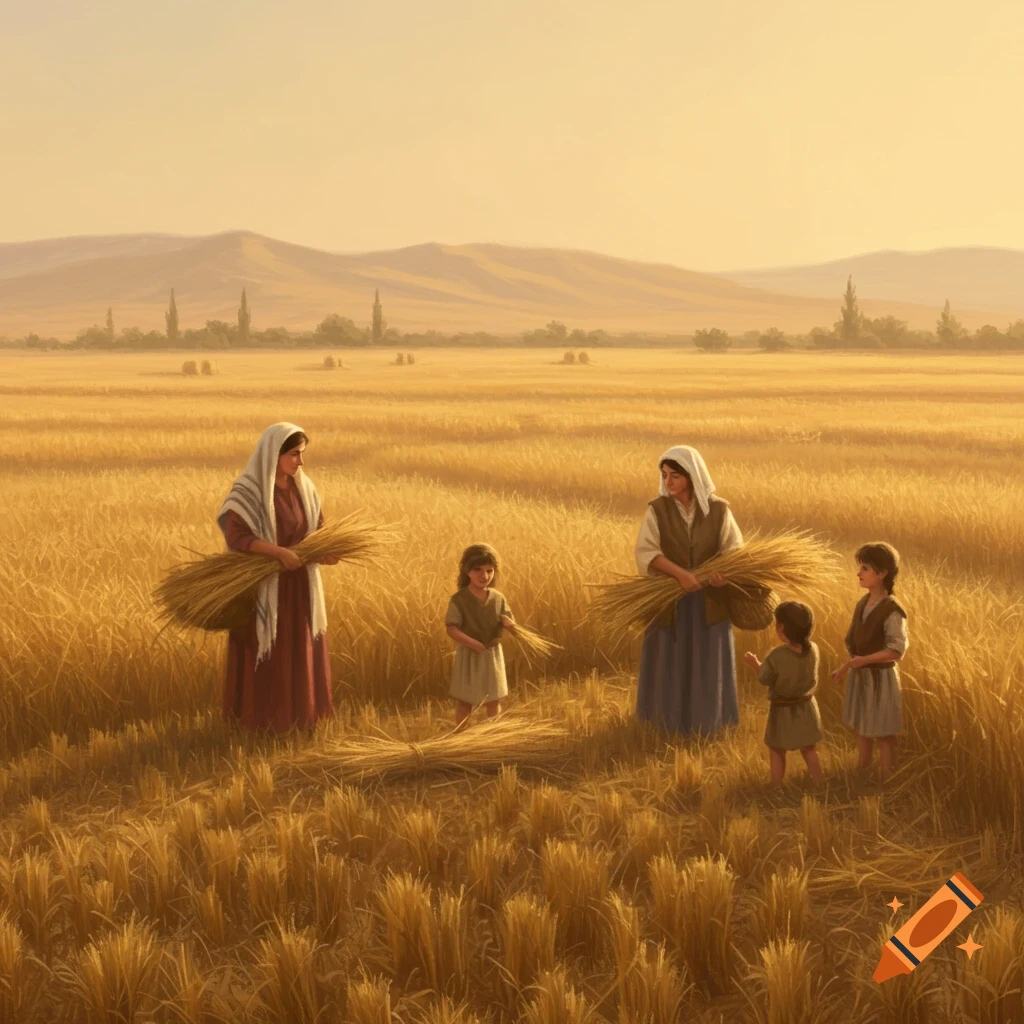 Two women and four children gather golden wheat stalks in a vast, sunlit field with distant hills, in a warm, painterly style.