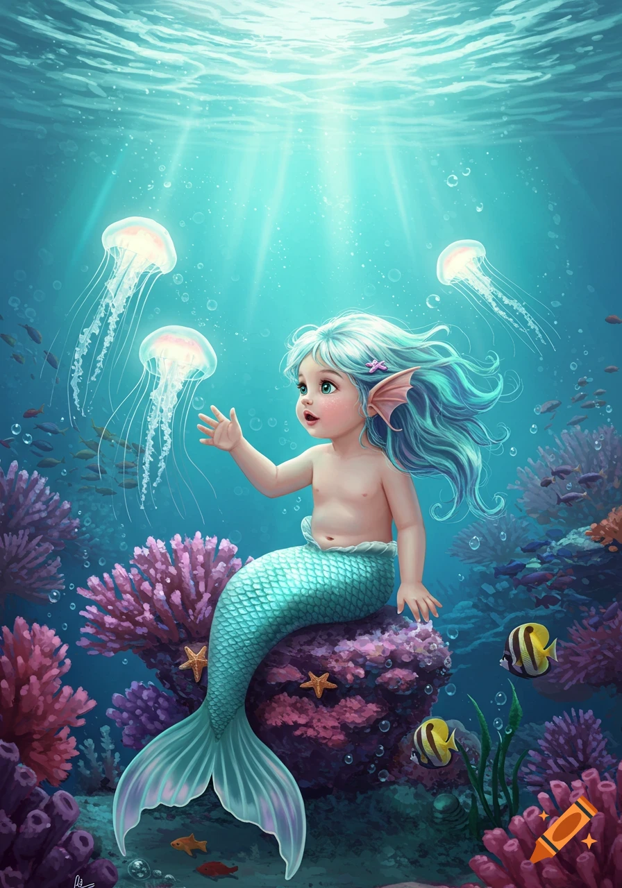 A cute baby mermaid with blue hair and a teal tail sits on pink coral underwater, reaching for glowing jellyfish.