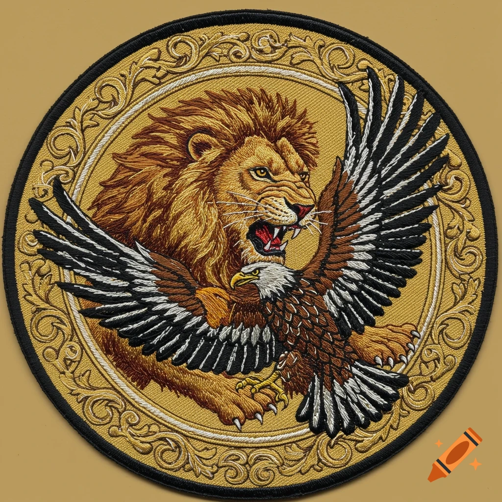 Embroidered patch featuring a roaring lion with a bald eagle flying in front, framed by a decorative gold border.