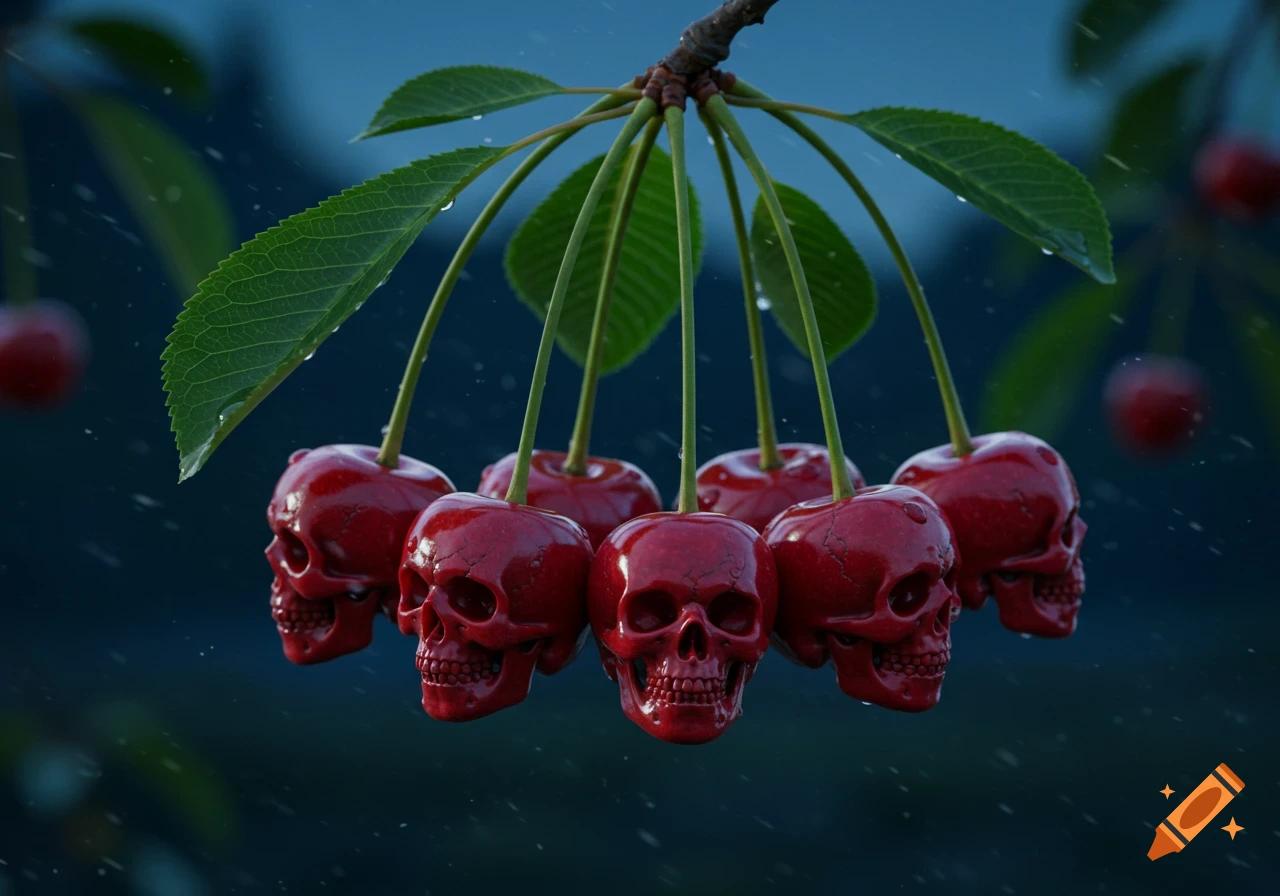 Photorealistic red skull-shaped cherries with water droplets hanging from a branch with green leaves against a dark, blurry background.