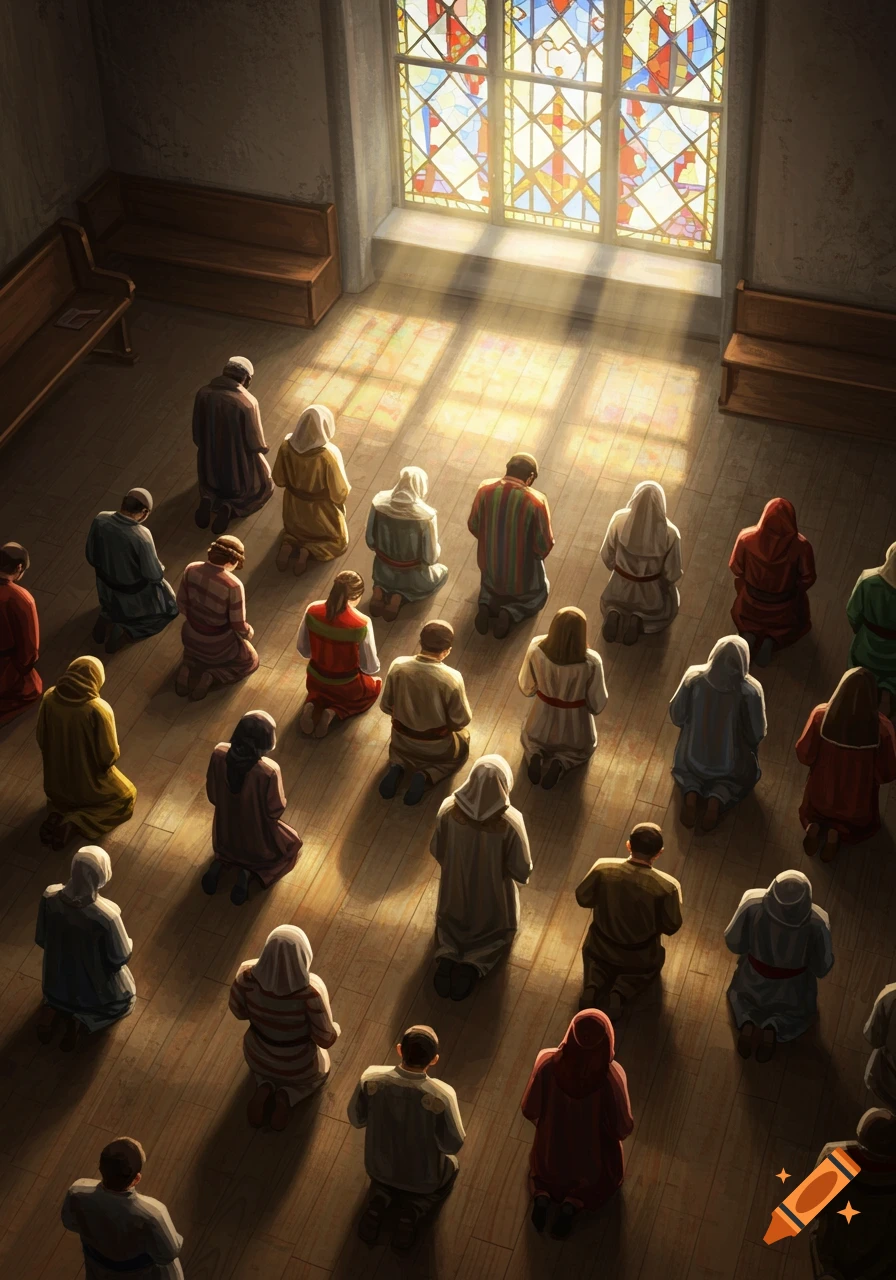 An overhead view of diverse people praying on their knees on a wooden floor in a church, illuminated by light from a stained-glass window.