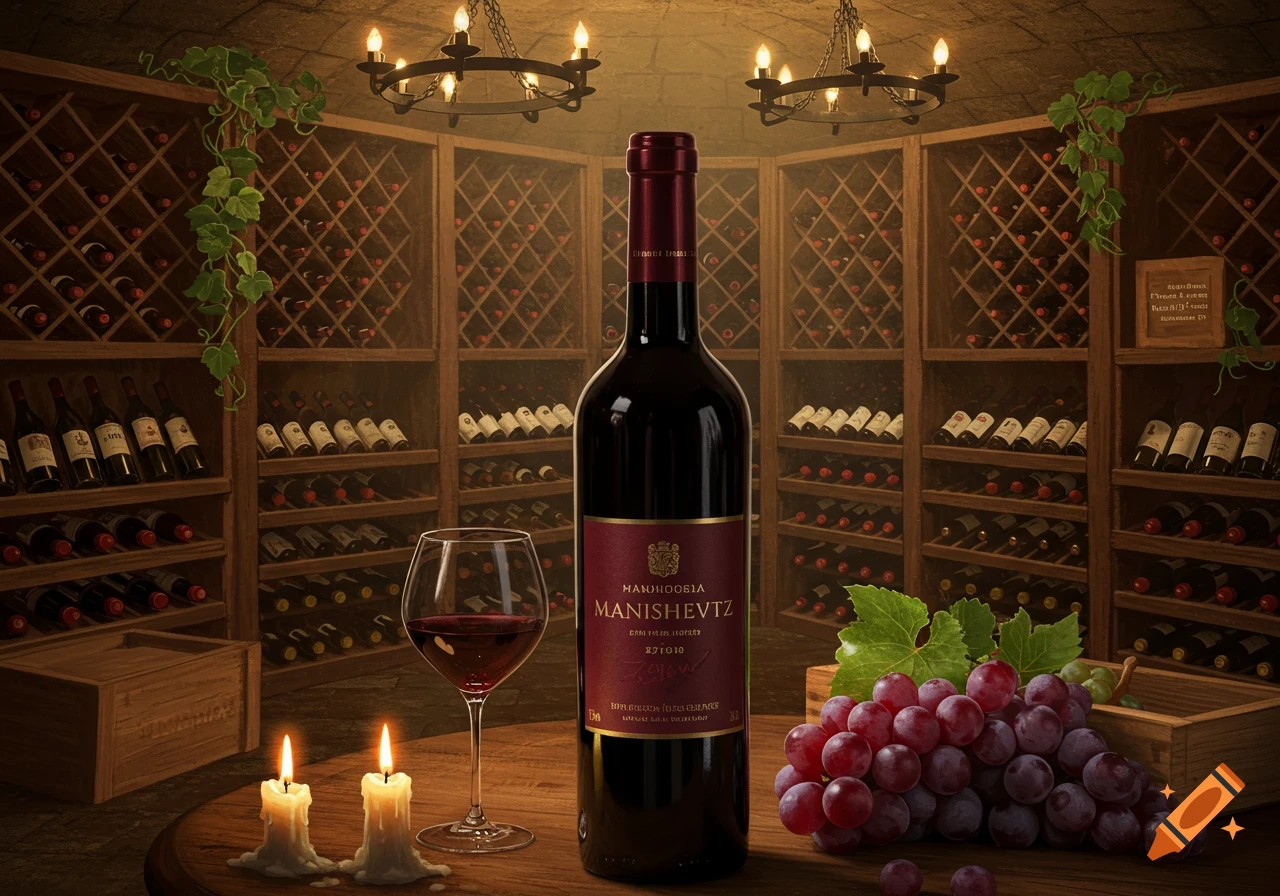 A bottle of red wine and a glass of wine on a wooden table with grapes and candles, in a dimly lit wine cellar.