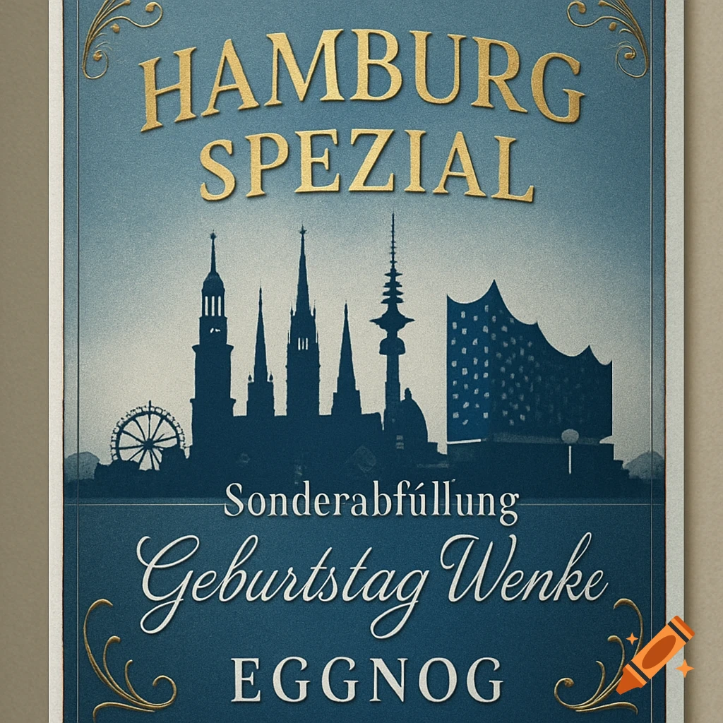 A vintage-style label for Hamburg Spezial eggnog, featuring a dark blue Hamburg skyline silhouette and gold text on a blue background.