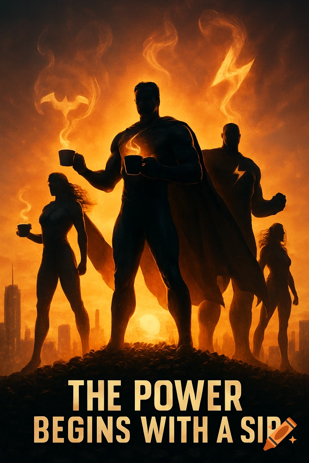 Silhouetted superheroes holding glowing coffee cups against an orange city skyline, with text 'THE POWER BEGINS WITH A SIP'.