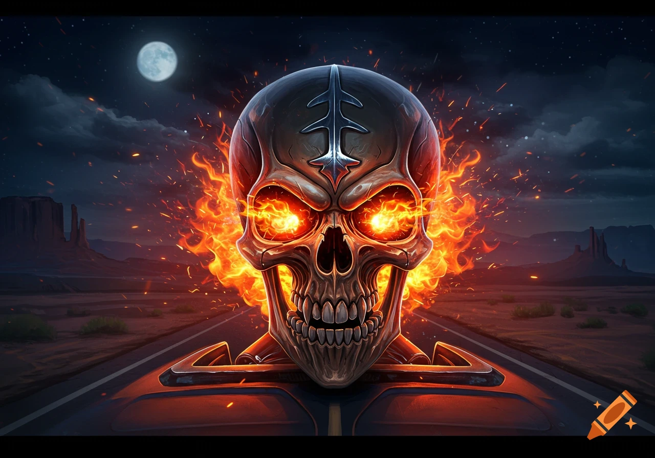 A dark fantasy illustration of a flaming skull on a hotrod, driving down a desert road at night under a full moon.