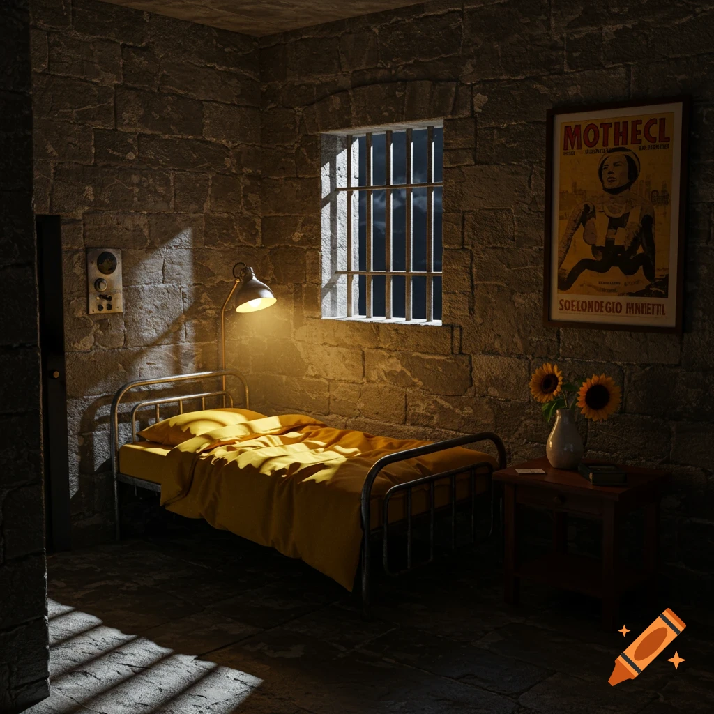 Dimly lit prison cell with stone walls, a barred window, a bed with yellow linens, a lamp, and a table with sunflowers.