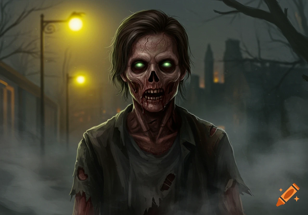 An illustration of a zombie with glowing green eyes, decayed skin, and blood dripping from its mouth, on a misty night street.