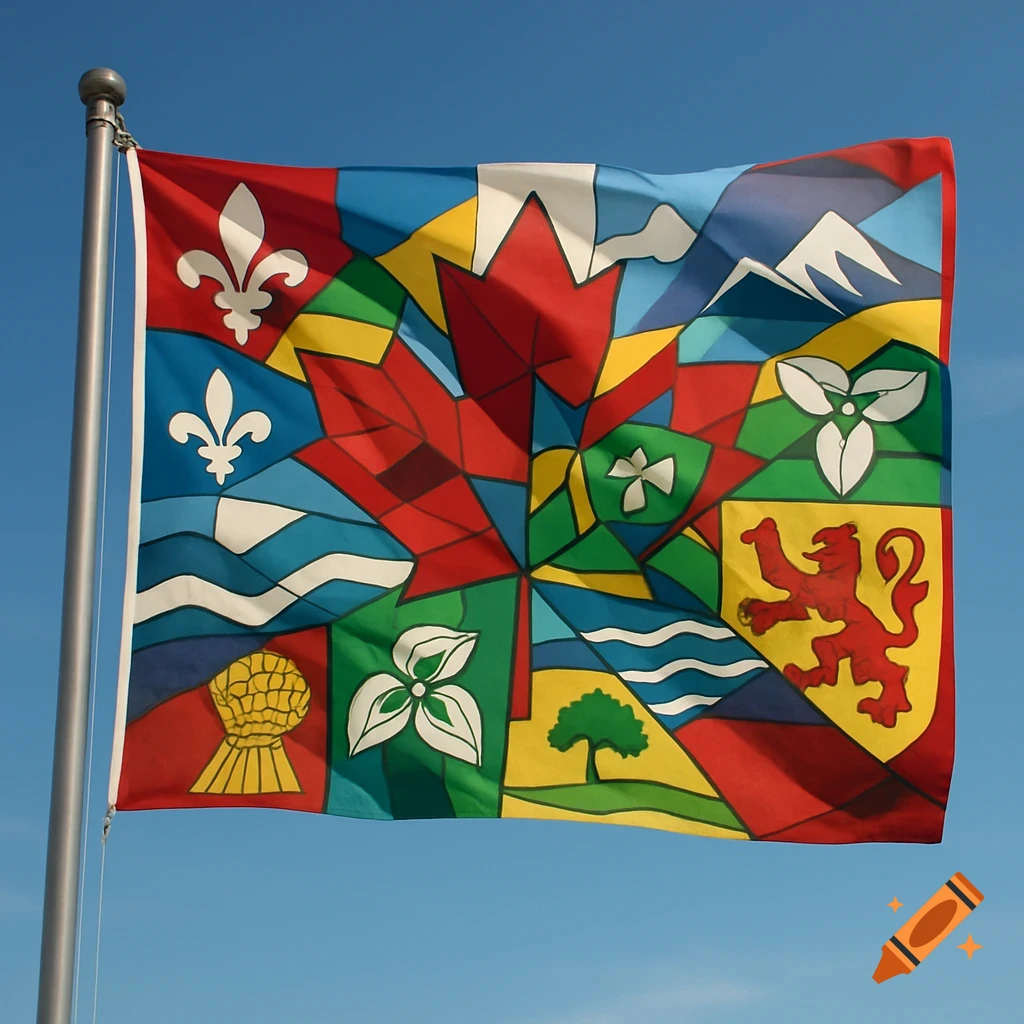 A colorful, stylized Canadian flag with a central maple leaf surrounded by symbols of provinces and territories, waving against a blue sky.