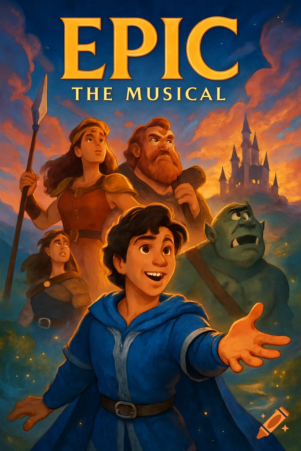 An animated poster for 'EPIC THE MUSICAL' featuring diverse fantasy characters, including a boy, a warrior woman, a bearded man, a smaller woman, and a green troll, against a castle and an orange sky.