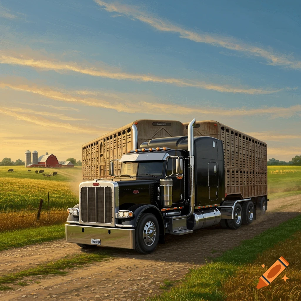 A black Peterbilt semi-truck with a livestock trailer drives on a dirt road past a farm with a red barn at sunset.