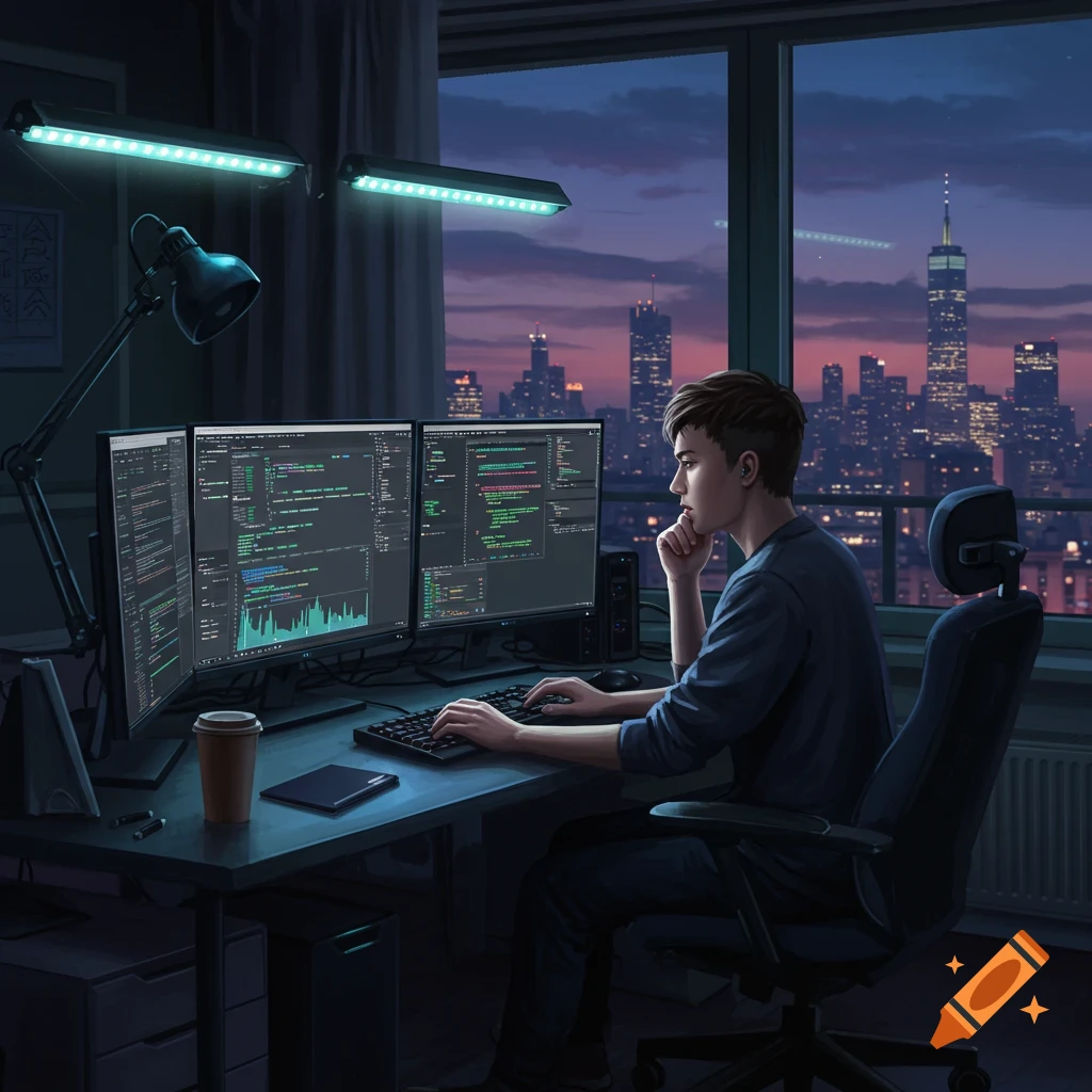 A young man, a devops specialist, sits at a desk with three computer monitors displaying code, overlooking a city skyline at dusk.