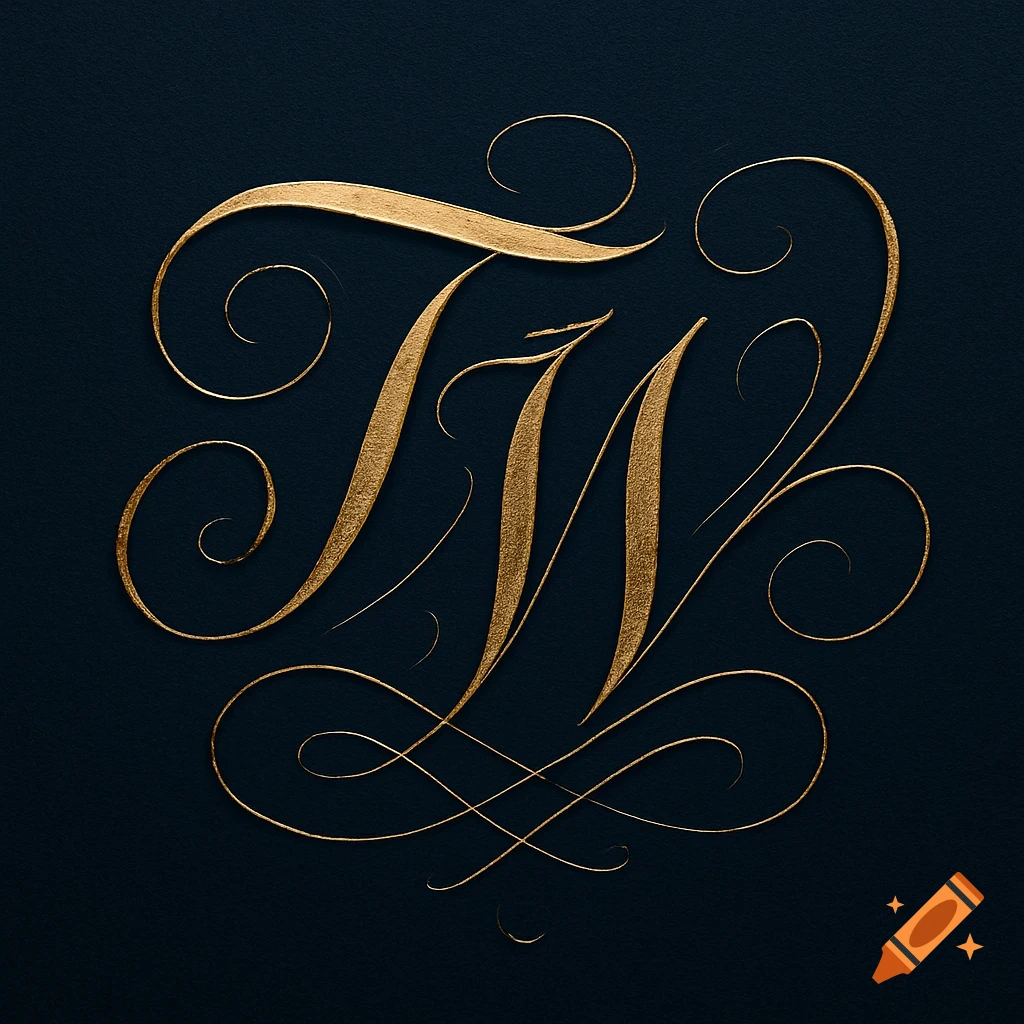 Ornate gold intertwined letters T and W with elaborate flourishes on a dark textured background.