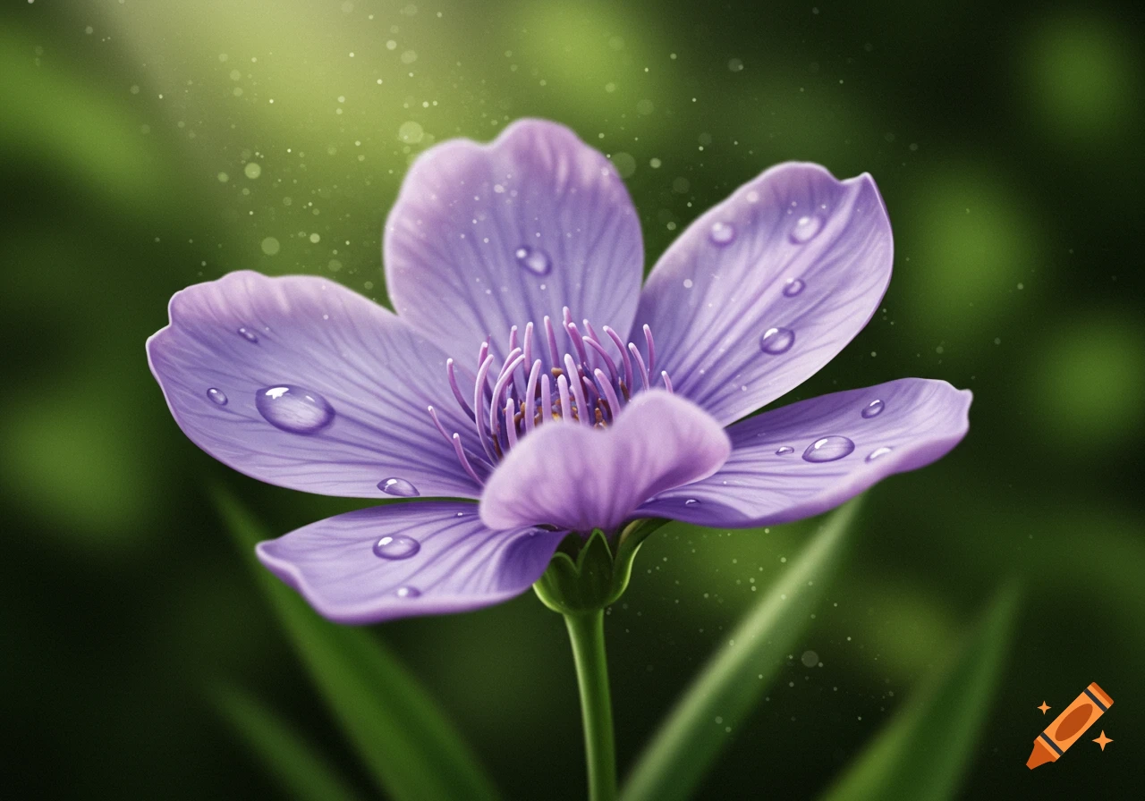 Close-up of a realistic lilac flower with water droplets on its petals, against a soft green background with subtle light particles.