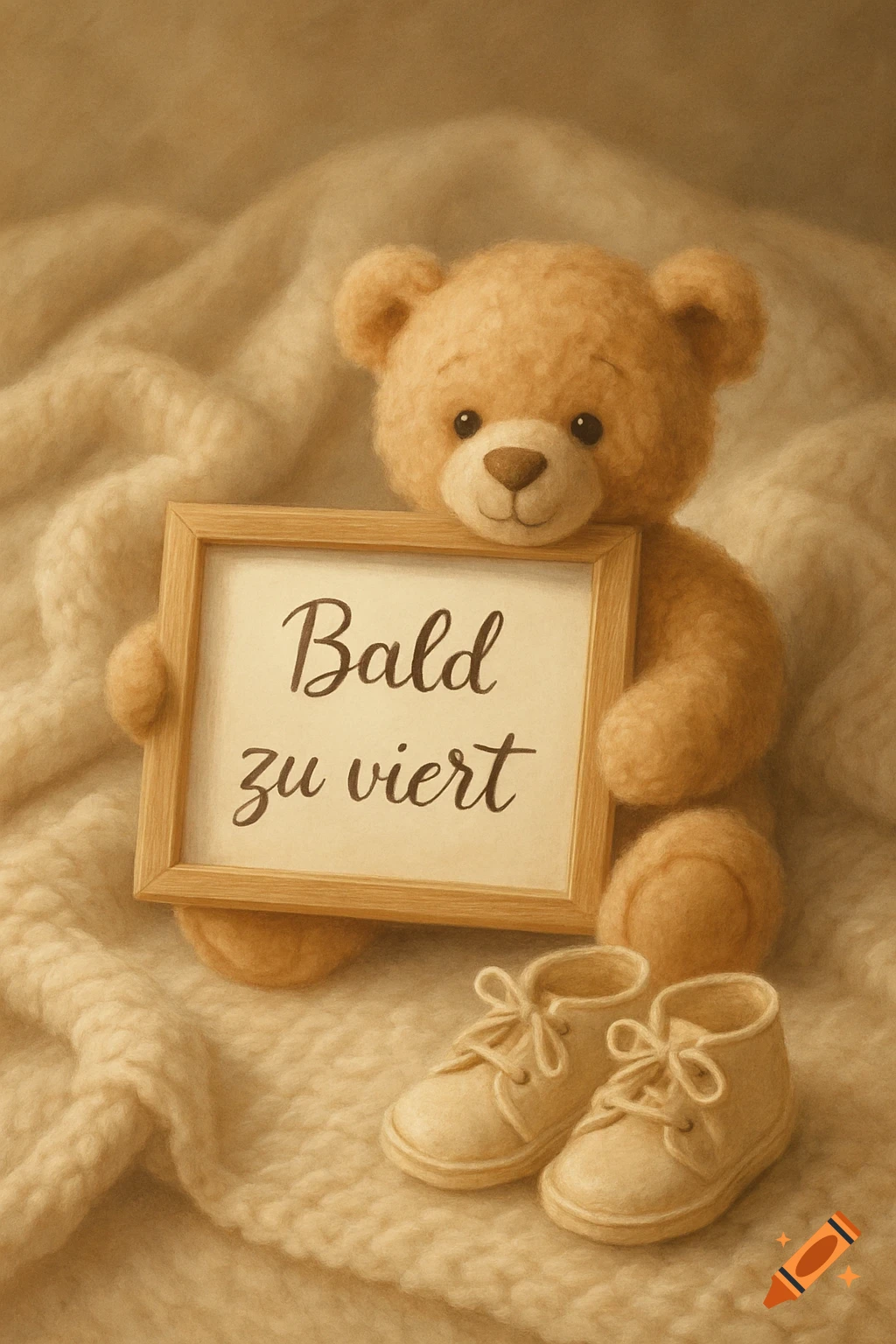A fluffy teddy bear holds a framed sign reading 'Bald zu viert' (Soon to be four), next to baby shoes on a knitted blanket, illustration.