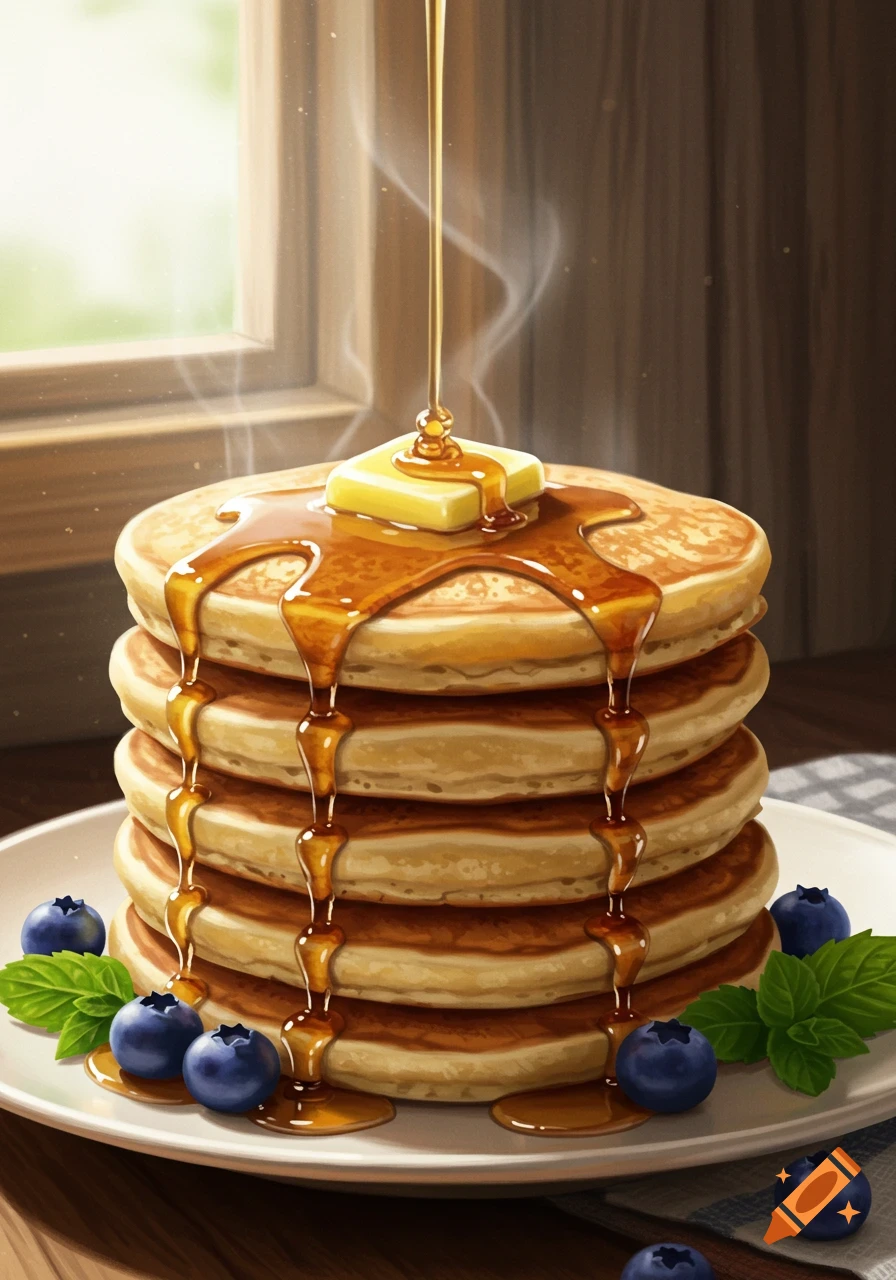 A tall stack of golden pancakes with melting butter and pouring maple syrup, garnished with blueberries and mint, by a sunlit window.