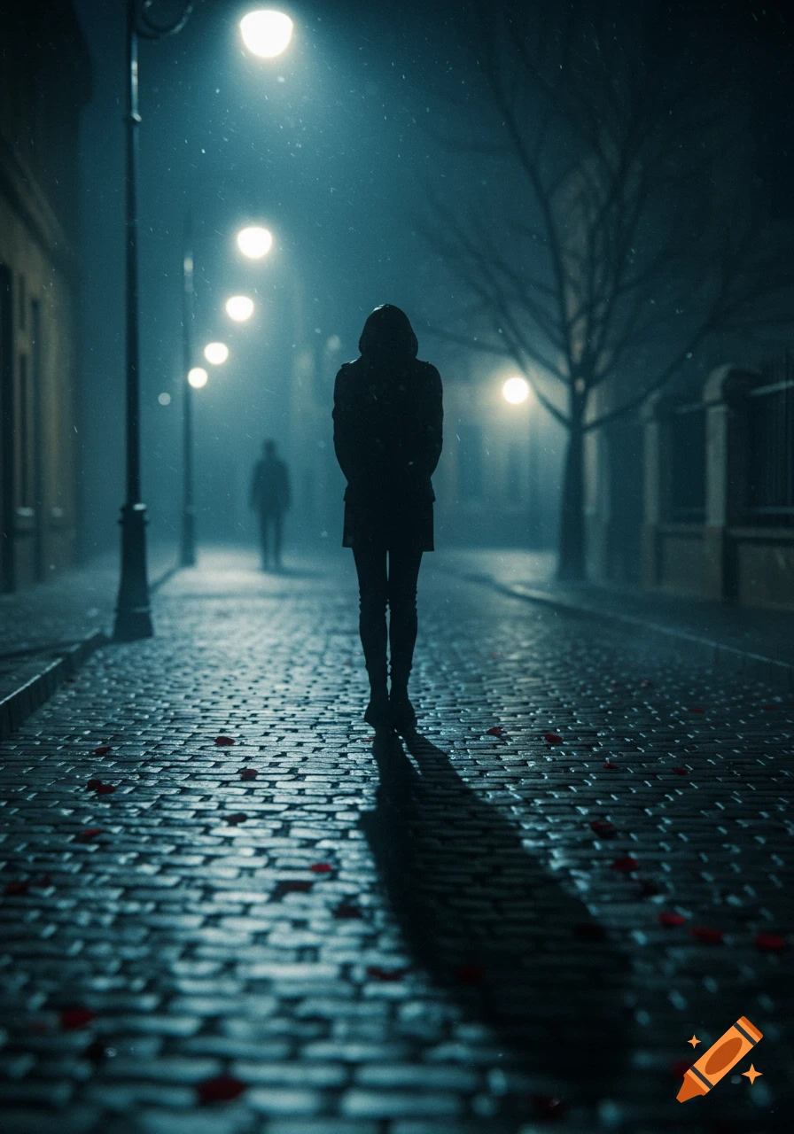 A lone figure stands on a wet, cobblestone street at night under glowing streetlights, with scattered red petals and another person in the distance, conveying a somber mood.