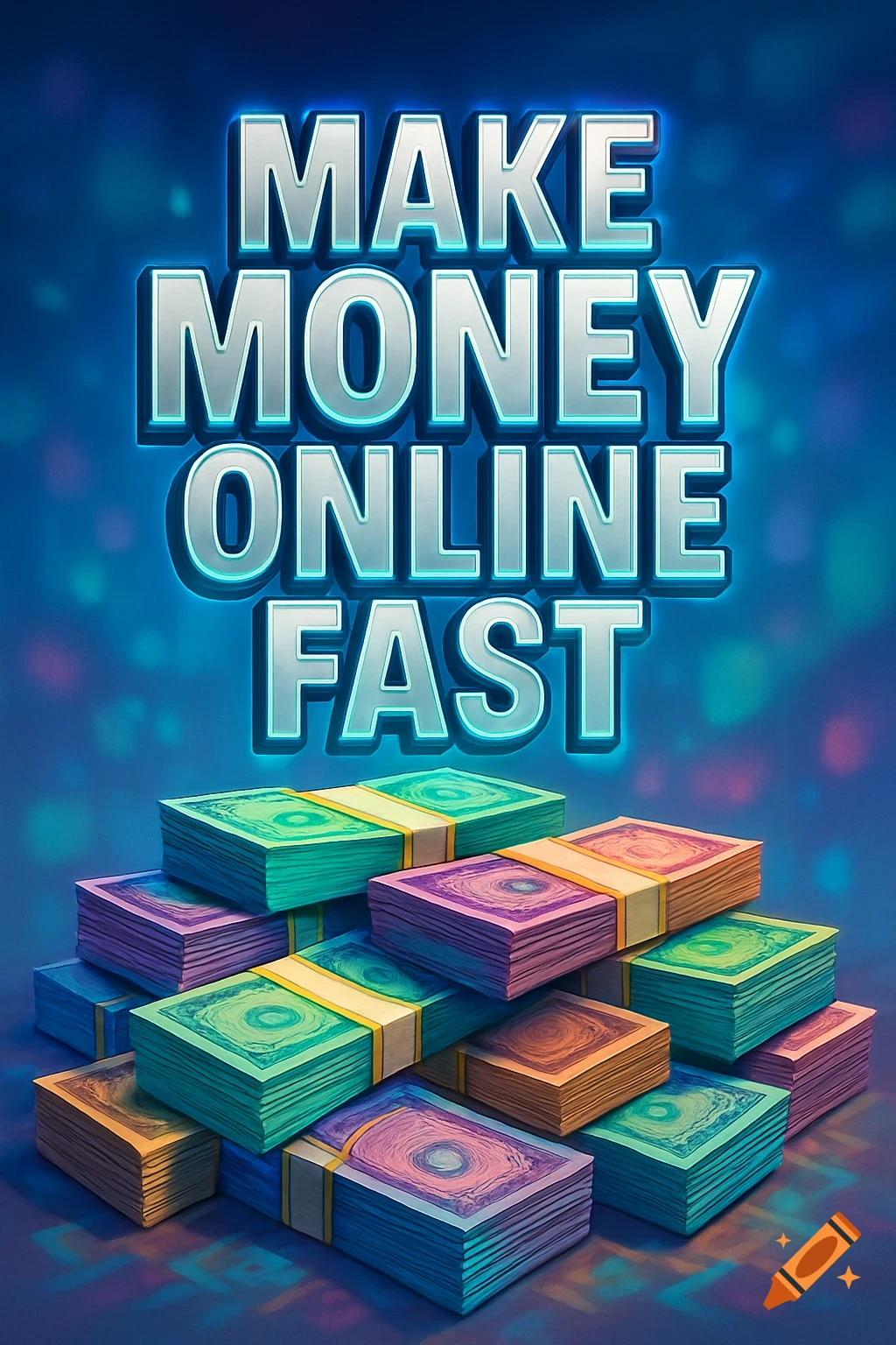 Stacks of colorful money with glowing metallic text 'MAKE MONEY ONLINE FAST' on a blue background.