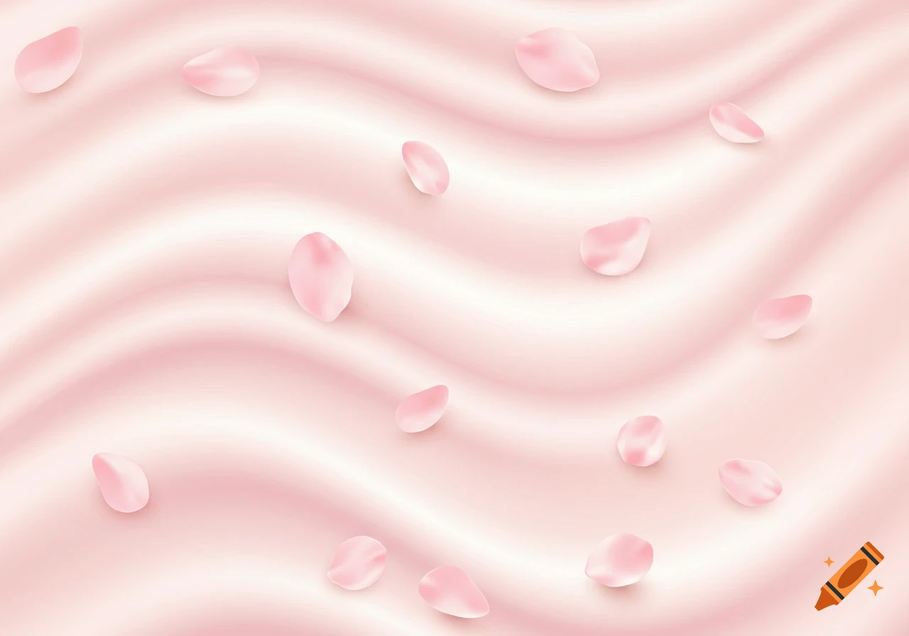 Light pink and white wavy fabric background with scattered soft pink cherry blossom petals.