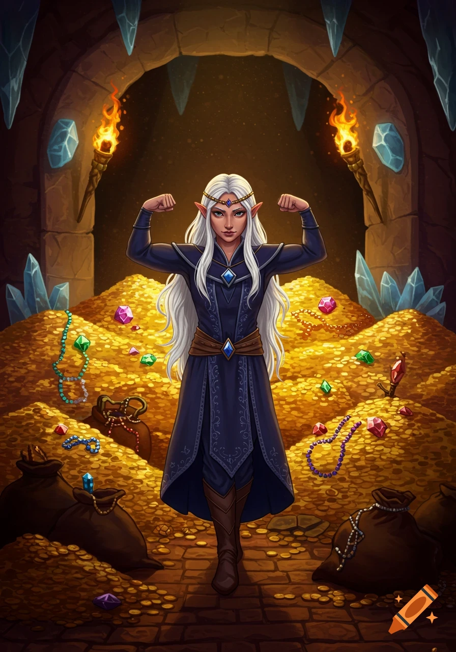 An elf-like woman with long white hair flexes her biceps, standing amidst vast piles of gold coins and colorful gems in a torchlit cave.