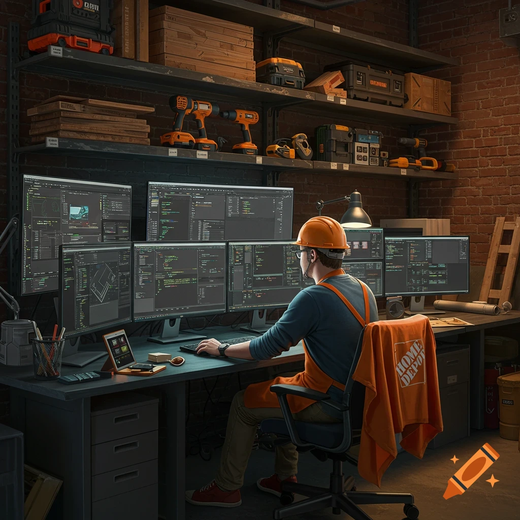 a-software-engineer-wearing-a-hard-hat-and-apron-sits-at-a-desk-with