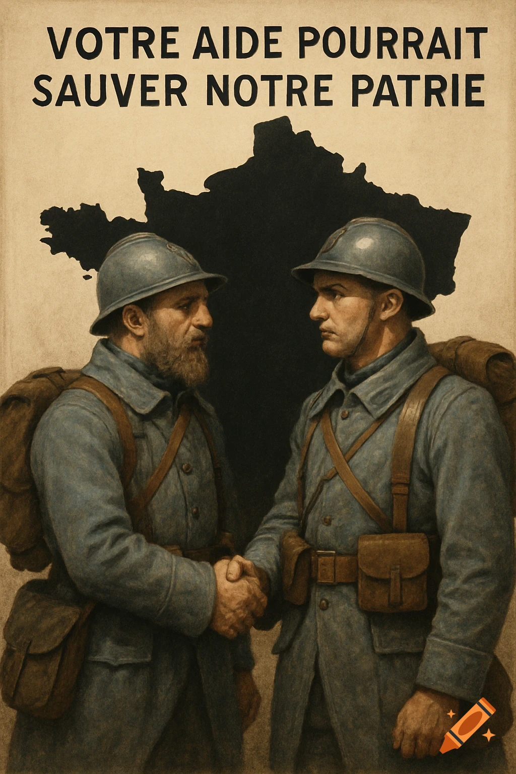 Two World War I French soldiers (Poilus) in blue uniforms and helmets shake hands in front of a black silhouette map of France. Text above reads "VOTRE AIDE POURRAIT SAUVER NOTRE PATRIE" (Your help could save our homeland).
