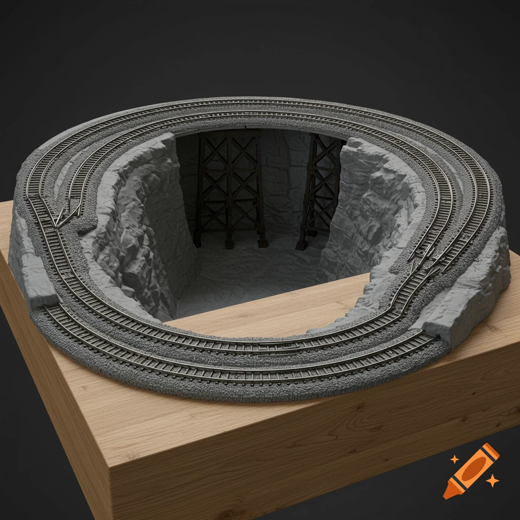 A photorealistic render of a circular N-gauge model train track with a deep rock canyon and bridge supports, set on a wooden base.