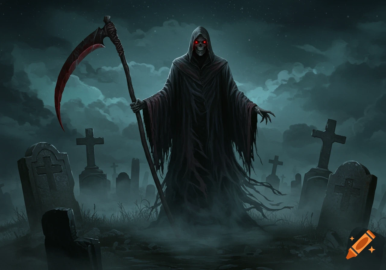 A dark, shrouded Grim Reaper with glowing red eyes stands in a misty graveyard at night, holding a large scythe.