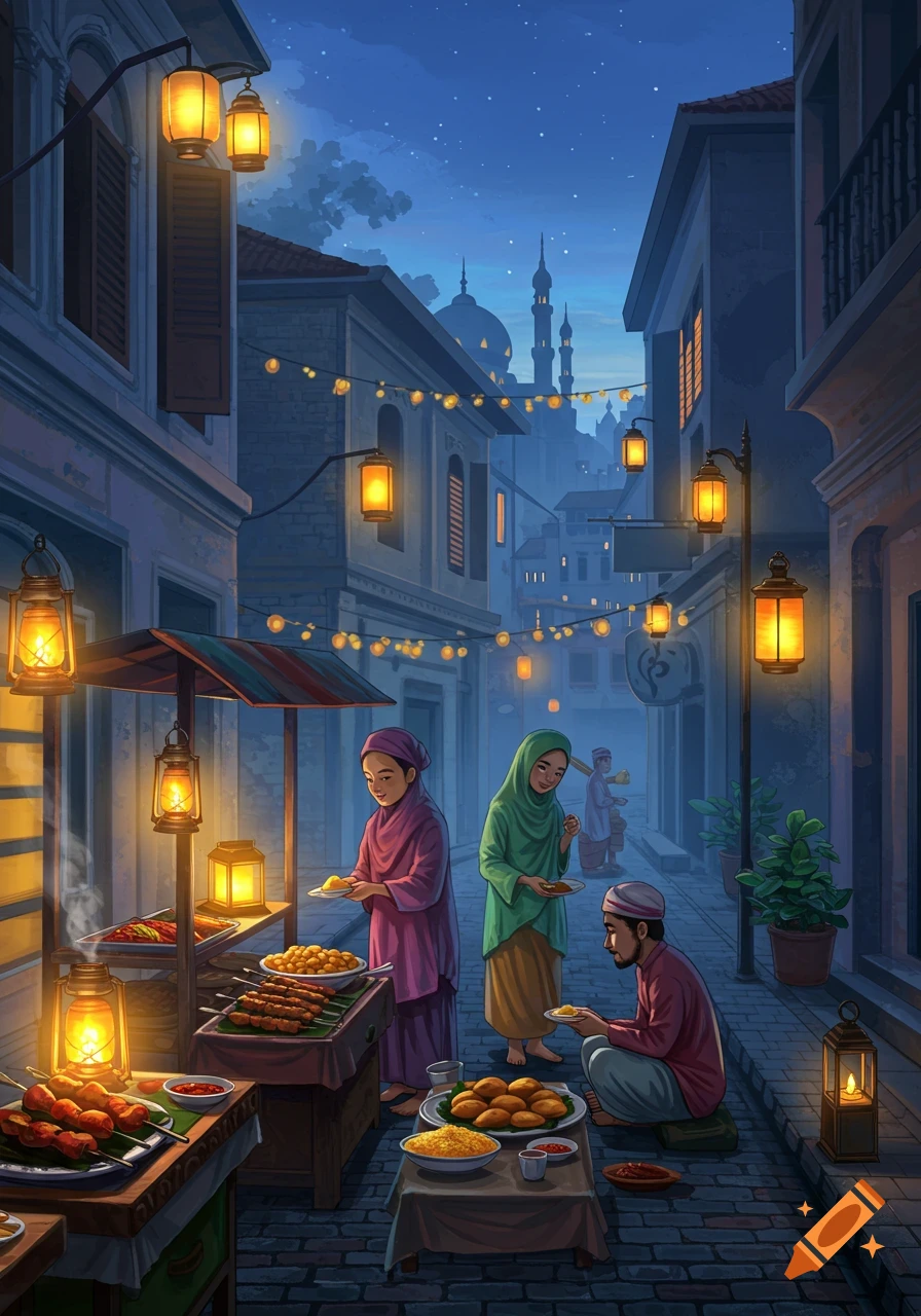 An illustration of people gathering around food stalls at a festive night market, with lanterns illuminating the street and a mosque in the background.