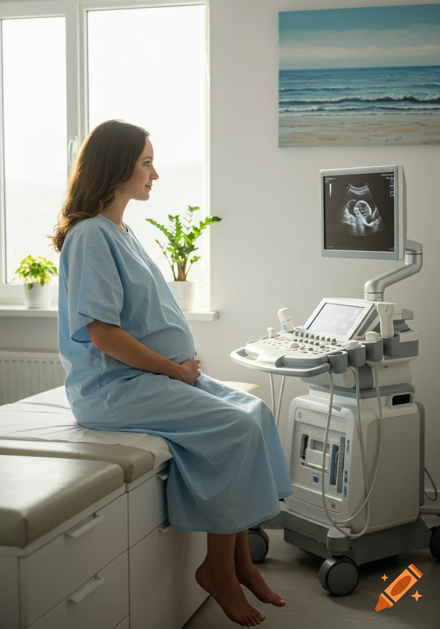 A pregnant woman in a hospital gown sits on an examination bed, looking towards an ultrasound machine displaying an image of a fetus.