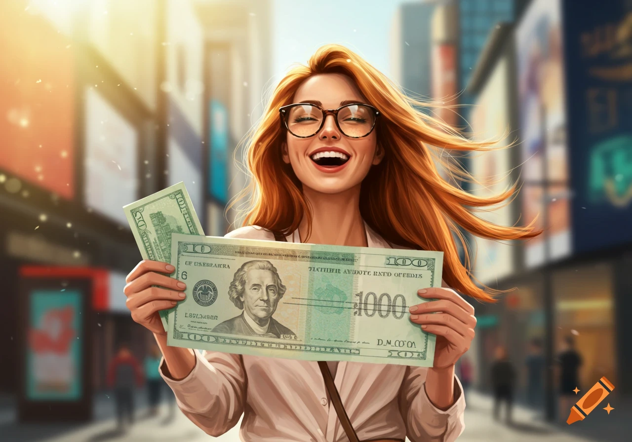 A happy red-haired woman with glasses smiles broadly, holding a large and a smaller banknote in a sunlit city street. Stylized art.