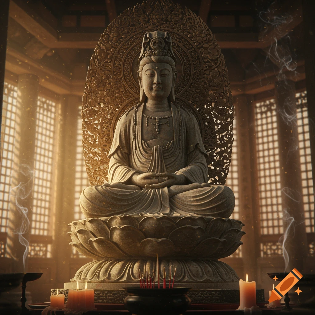 A detailed stone sculpture of a Bodhisattva meditating in a dimly lit temple, surrounded by lit candles and incense smoke.