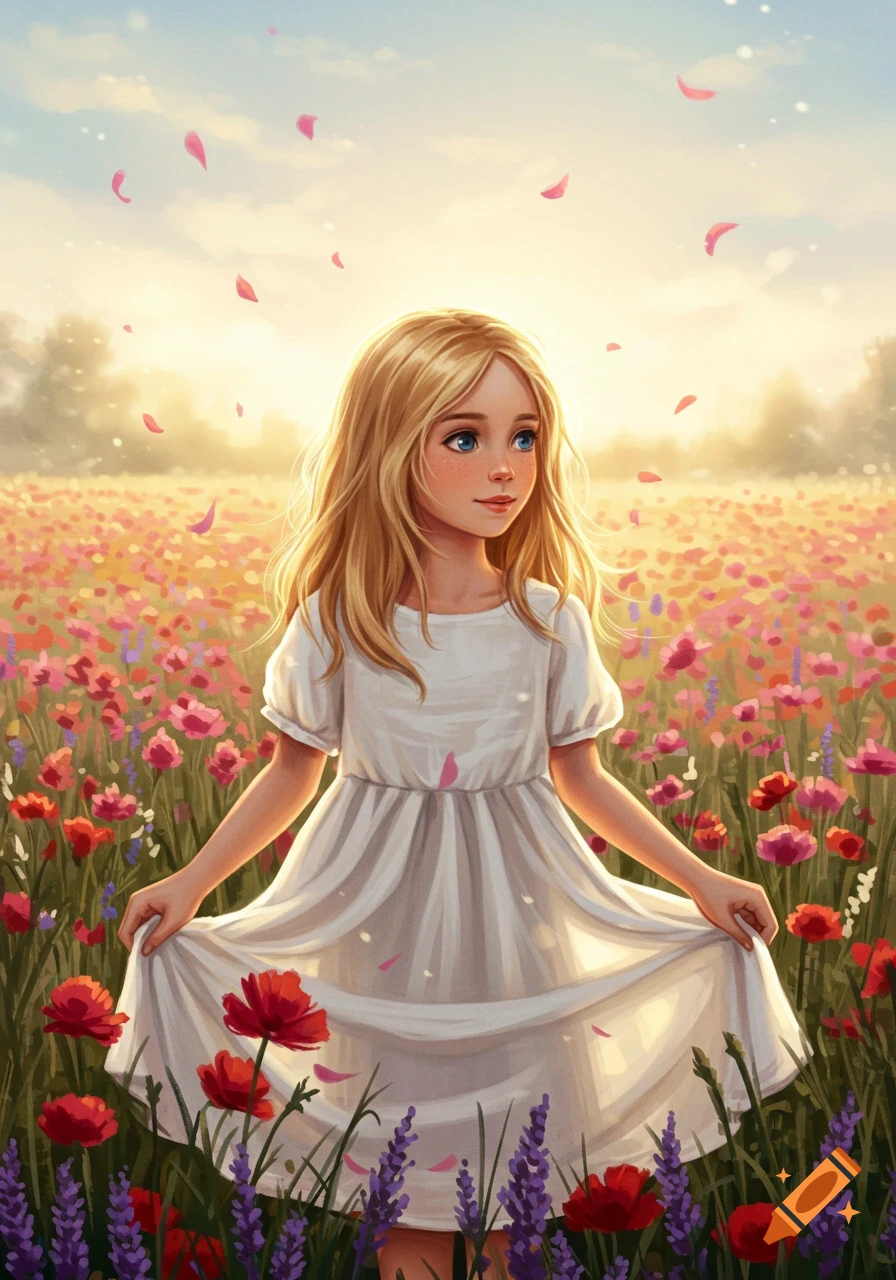 A blonde girl in a white dress stands in a vibrant field of red and ...
