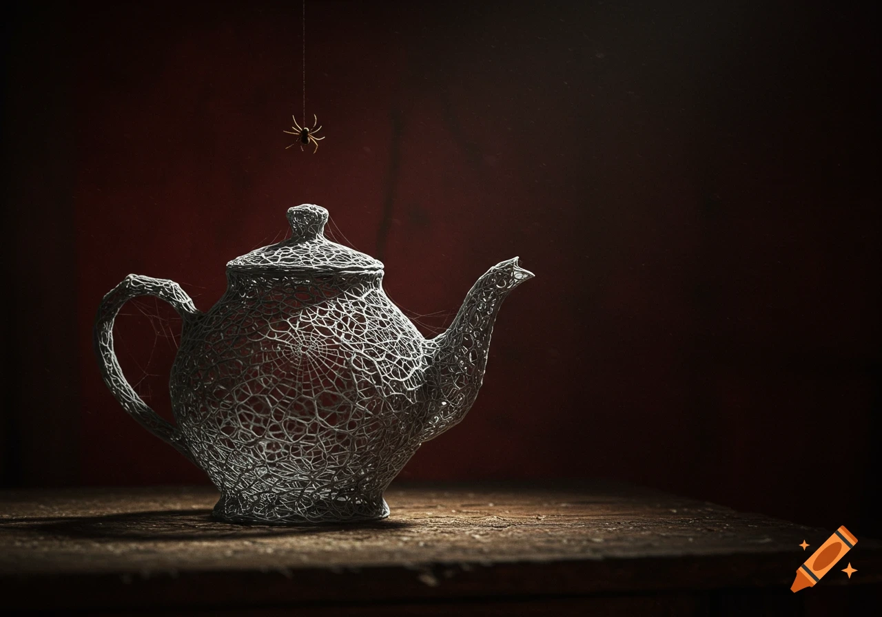 Eerie, hyperrealistic spiderweb teapot on a dusty wooden table with a spider hanging above, dark crimson background.