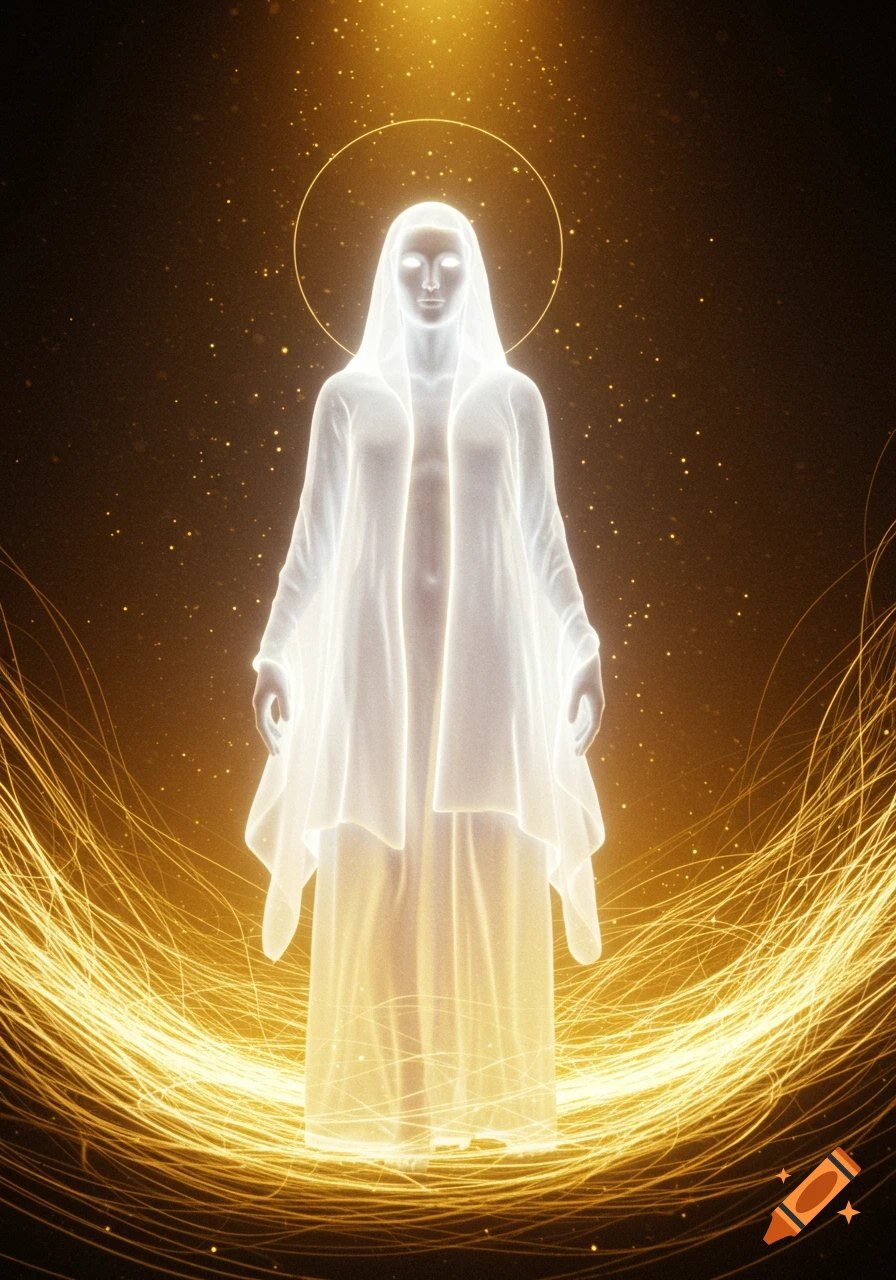 A glowing, robed humanoid figure with a halo stands in a dark void ...