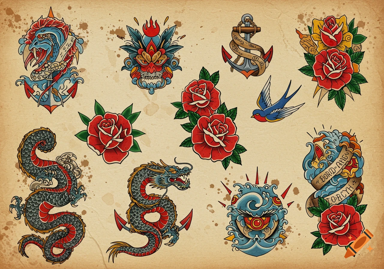A vintage sheet of traditional tattoo flash art featuring colorful dragons, roses, anchors, a demon mask, and a swallow.