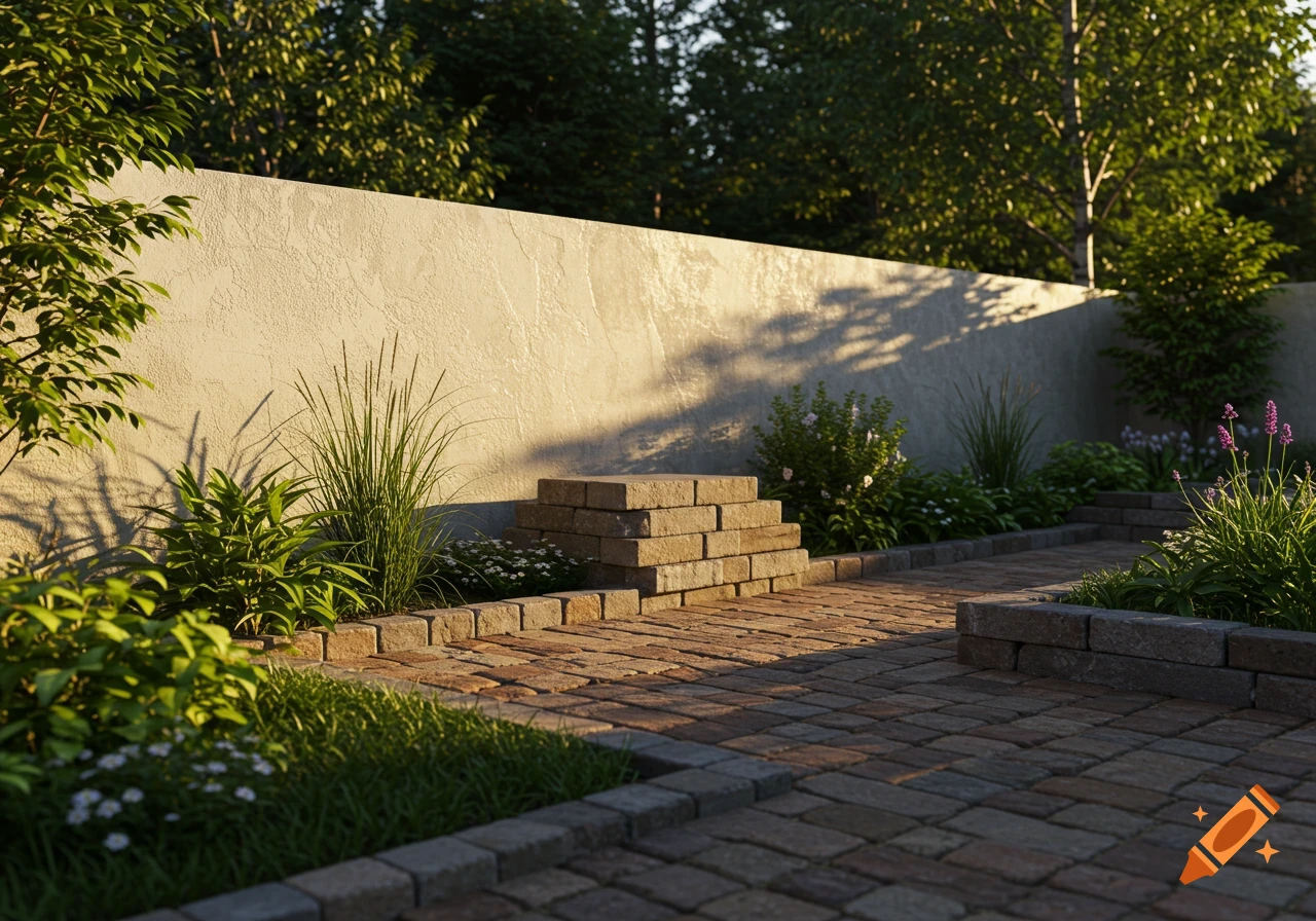 A sunny, photorealistic garden scene featuring a brick path, a light-colored textured wall, and green plants with subtle flowers.