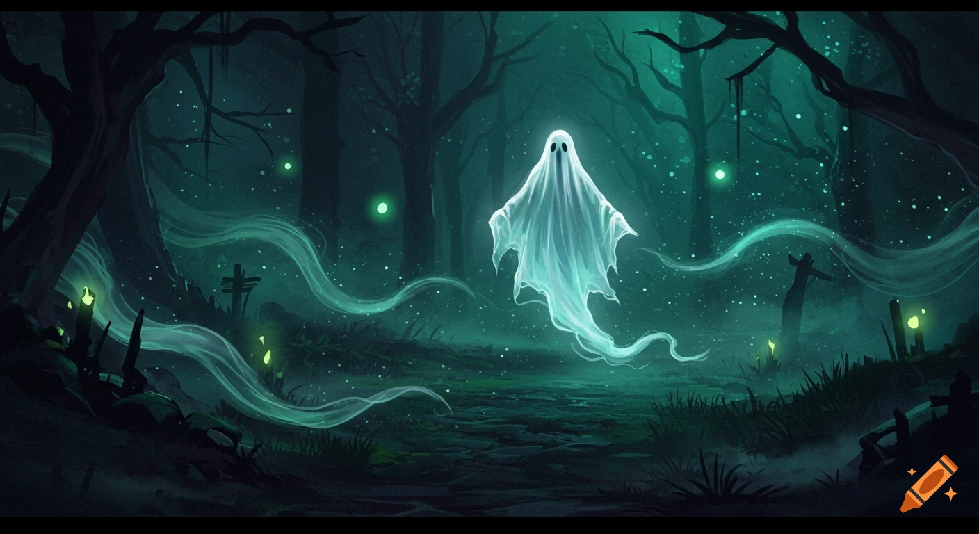 A glowing white sheet ghost floats in a dark, misty, teal-toned forest with bare trees and glowing foliage.