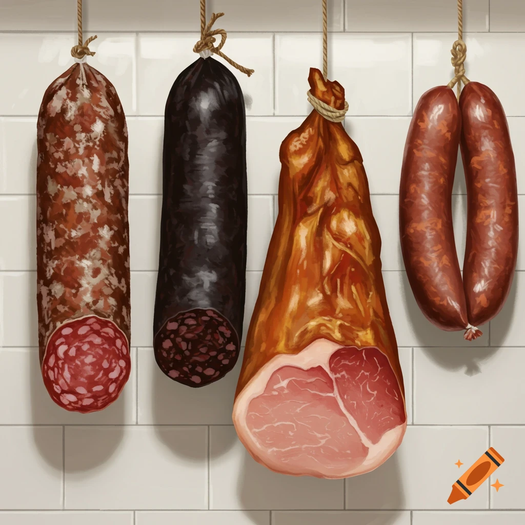 Various sausages and a ham hock hang by ropes against a white tiled wall.