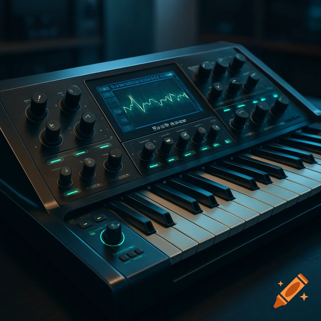 A sleek black synthesizer keyboard with numerous knobs, glowing green lights, and a screen displaying a waveform, in a photorealistic style.